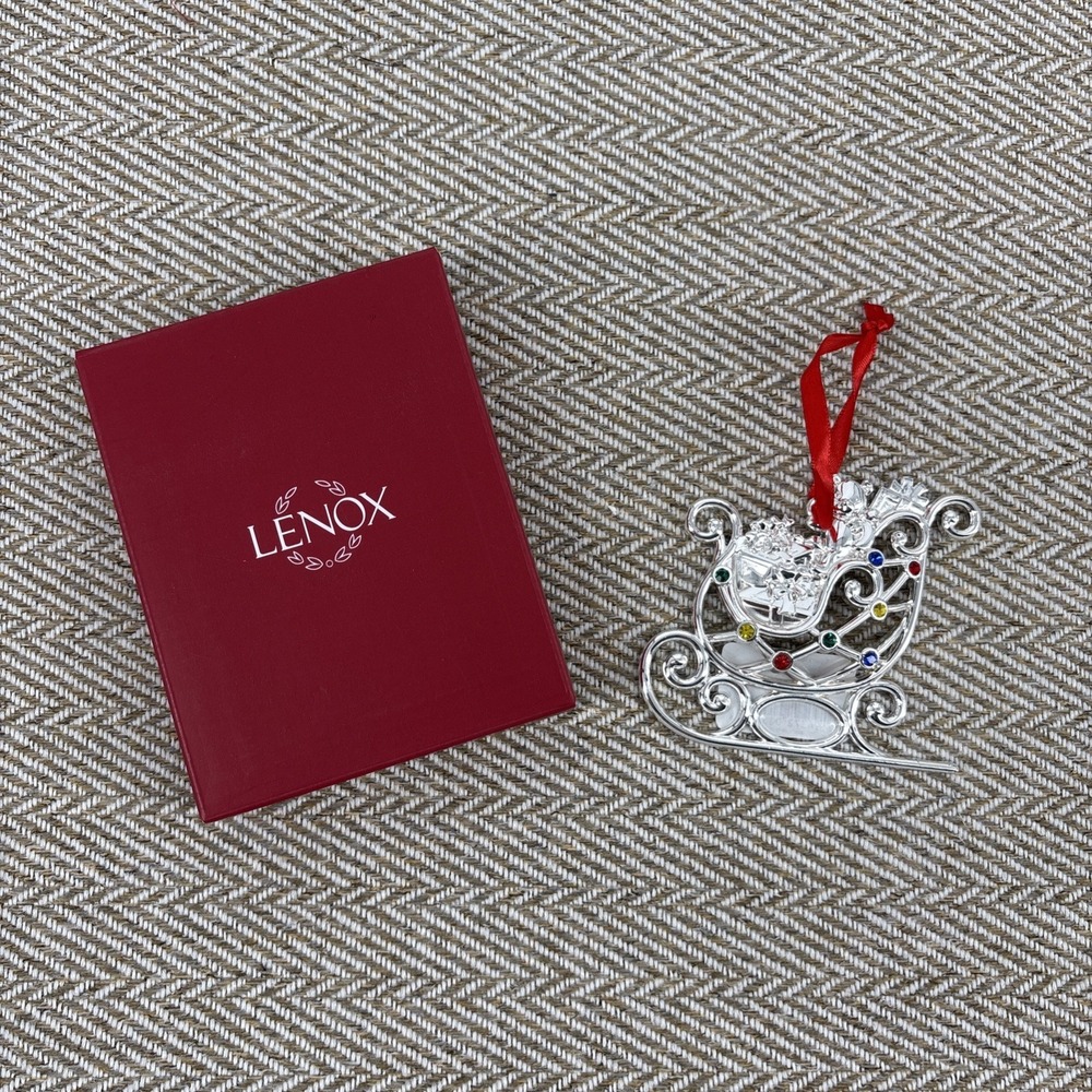 Lenox Sparkle and Scroll Sleigh Christmas Ornament Silver PlatedMulticolor Gems